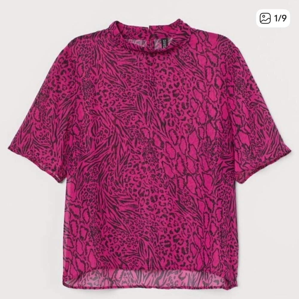 NWOT, H&M Pink & Black Animal Print Short Sleeve Sheer Mesh Y2K Top, Size 14.